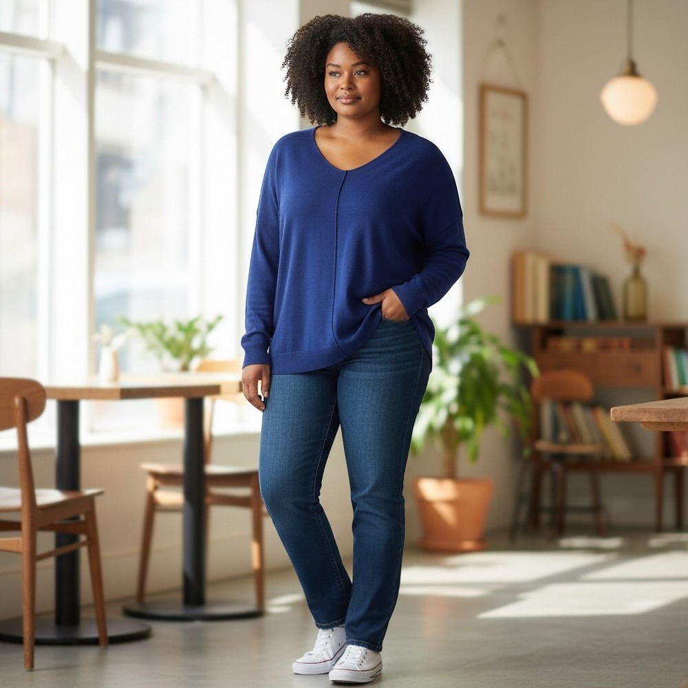Zenana Royal Blue V-Neck Oversized Sweater Center Seam Plus Size 1X Cozy